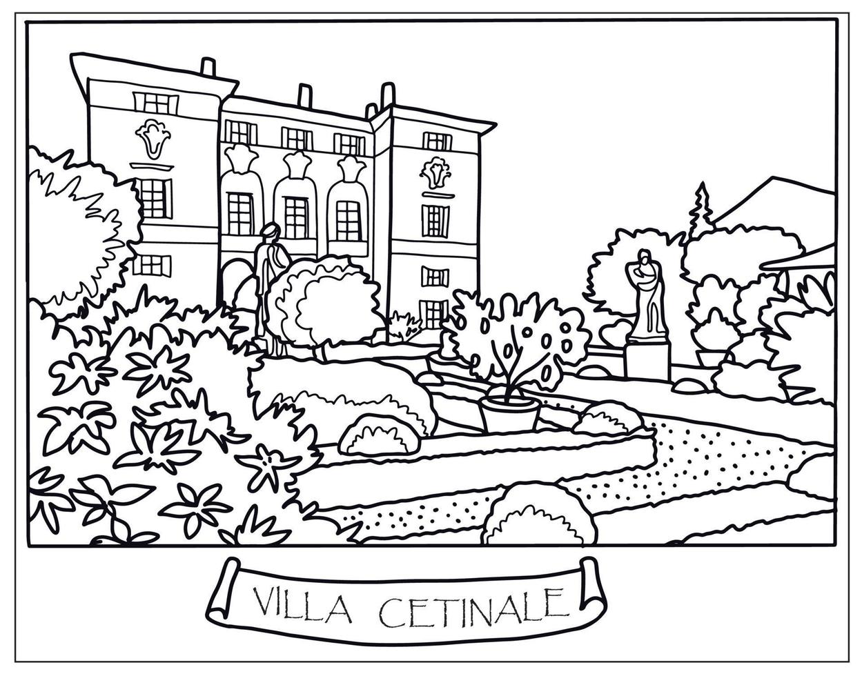 corner of the Italian park, plants flowers in the garden, coloring book . Vector art line background.