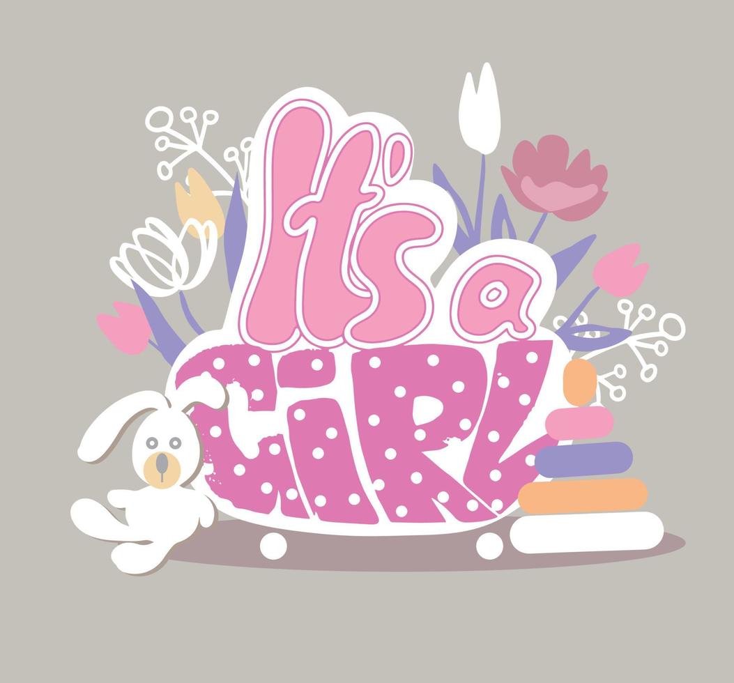 Cute baby babygirl with phrase It's a girl. Greeting postcard design. vector