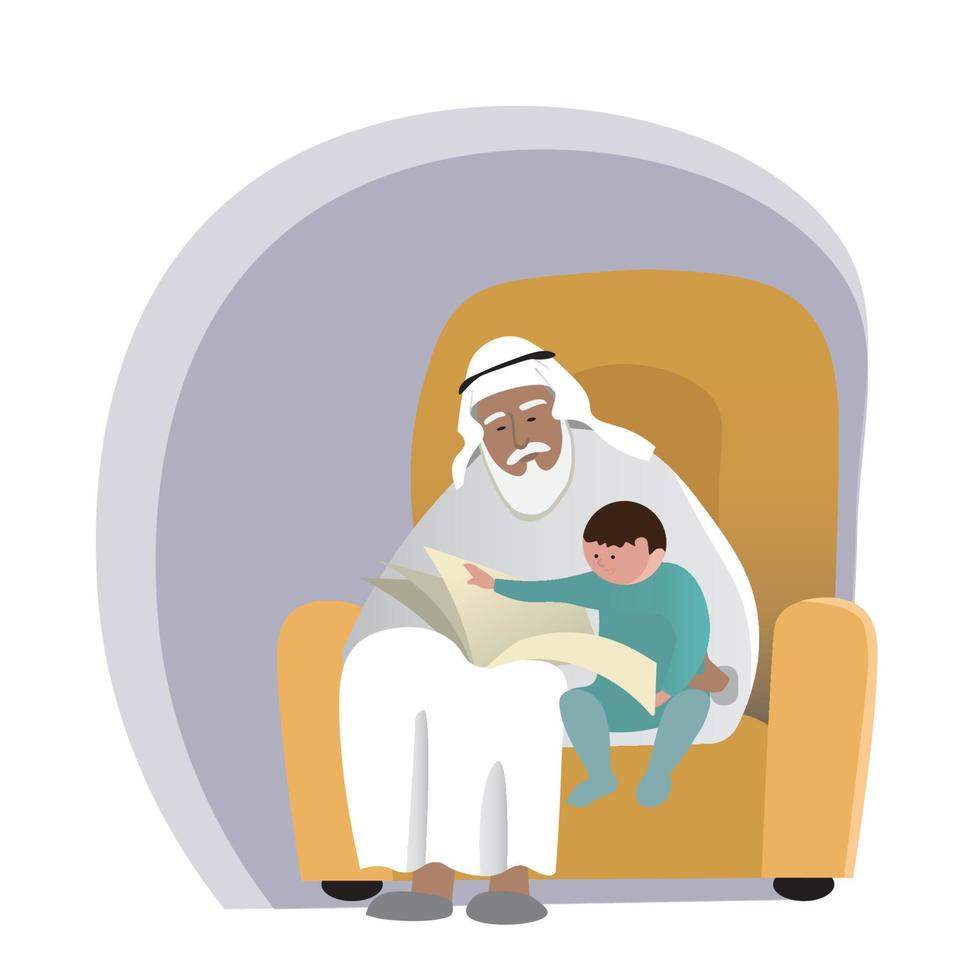 Grandfather day, grandparent, childhood concept. Grandpa in dishdash and grandson reading a book together or watch a family photo album. Old man holding his grandchild. Simple flat vector. vector