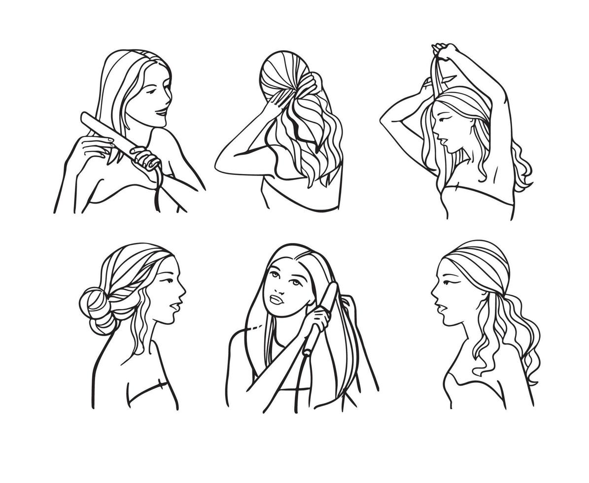 Girl hair set. girl doing her hairpretty haircut. long, long, curly hair.  hair salon and trendy hairstyle. Vector icon set isolated 8732277 Vector  Art at Vecteezy
