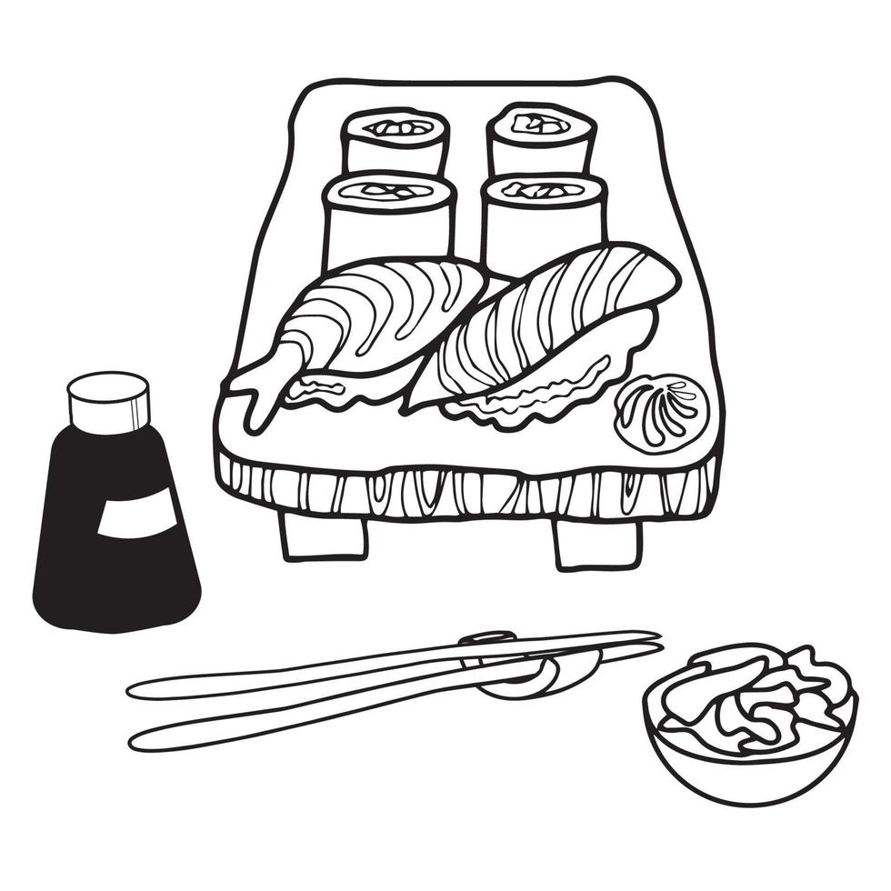 Line sushi and rolls icon set. Doodle vector illustration.