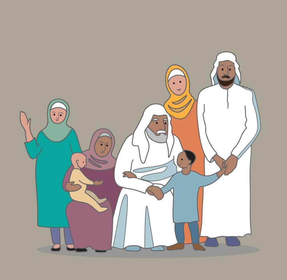 dibujo de ilustración vectorial simple de grandes familias musulmanas reunidas. celebrando eid con el concepto de familia en casa. ilustración vectorial de diseño moderno vector