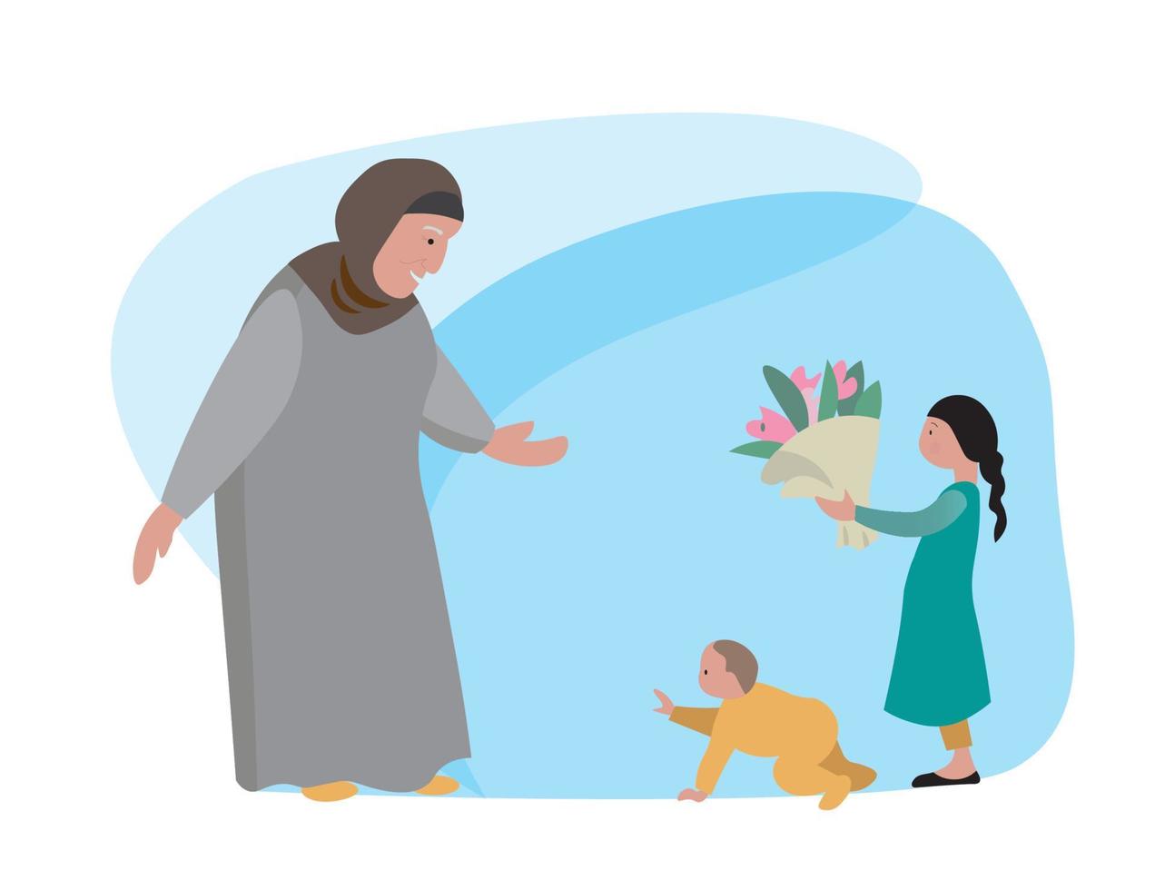 Grandchildren congratulate grandmother with flowers. Grandparents day. National grandparent festive, grandchildren celebrating grandmother. Cute family characters decent vector card