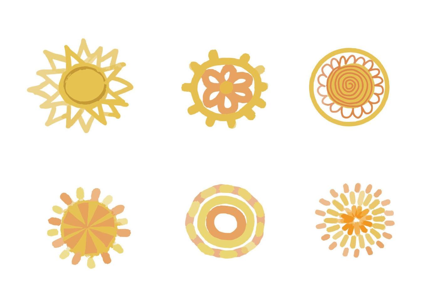 formas vectoriales de sol. conjunto de ilustraciones de sol naciente, puesta de sol, amanecer. colores de fuego de forma redonda, manchas de acuarela. círculo amarillo rojo anaranjado, marco de corona en llamas. maslenitsa. vector