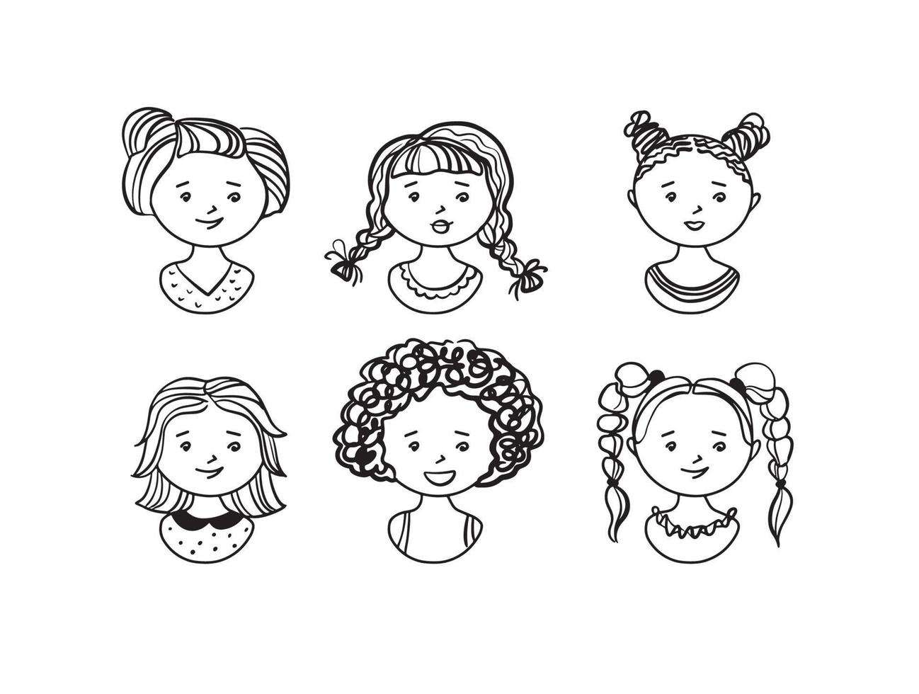 Little girl hair set. The face of a pretty girl. pretty haircut. hair salon and trendy hairstyle. Vector icon set isolated