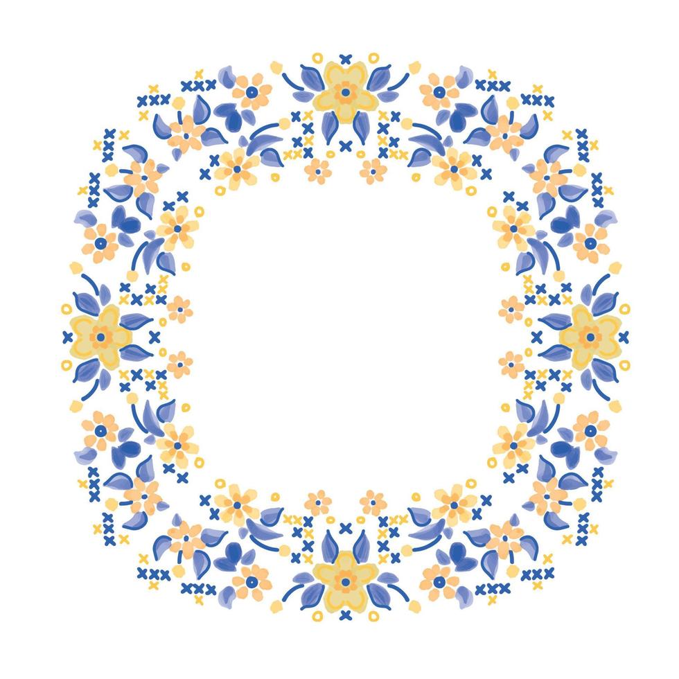 corona floral acuarela colores azul amarillo, bordado popular aislado sobre fondo blanco vector