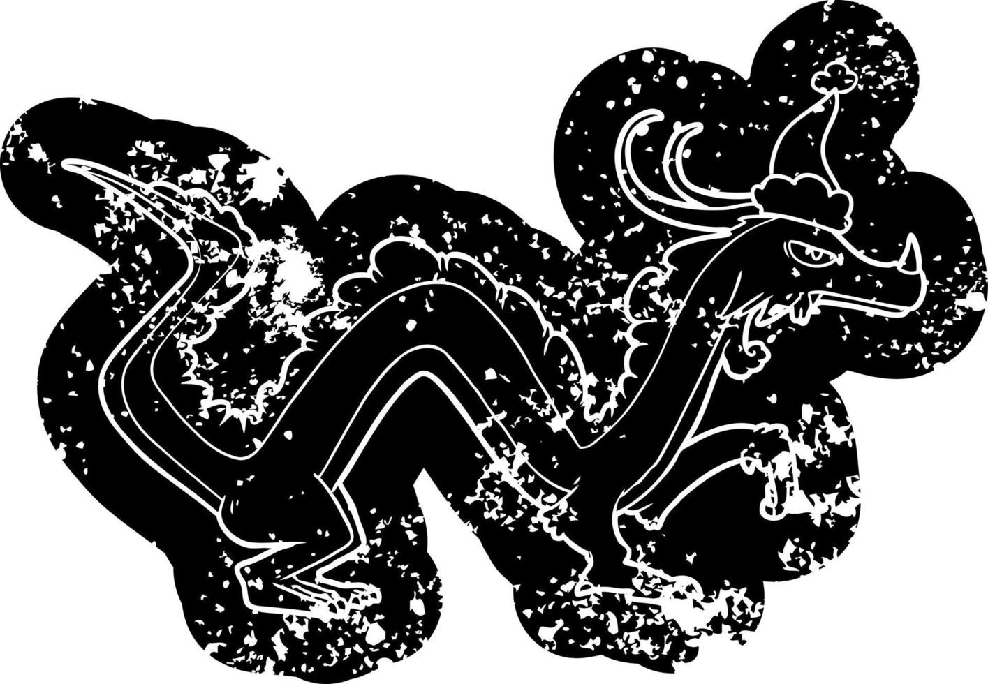 cartoon distressed icon of a dragon wearing santa hat vector