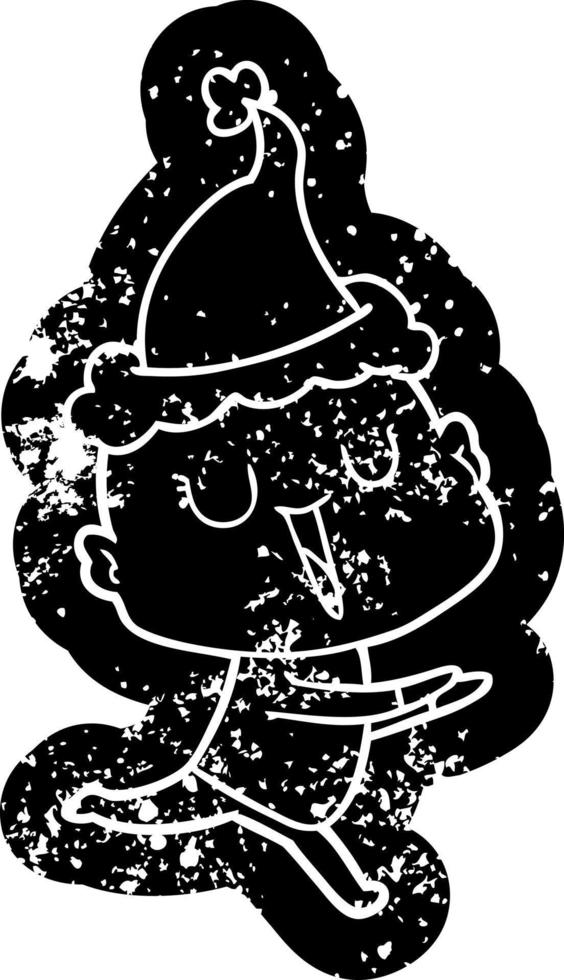 happy cartoon distressed icon of a bald man wearing santa hat vector