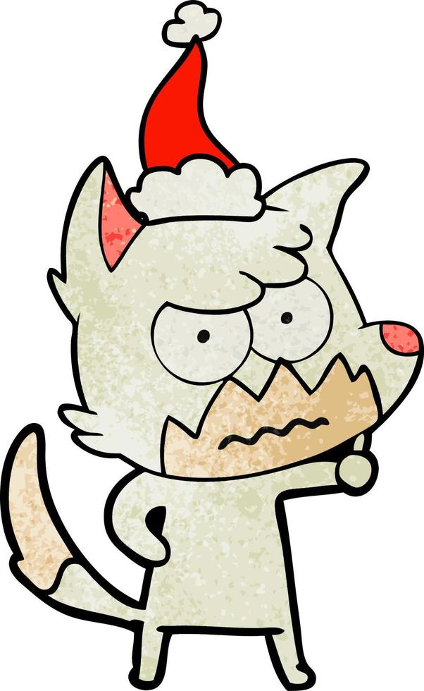 textured cartoon of a annoyed fox wearing santa hat vector