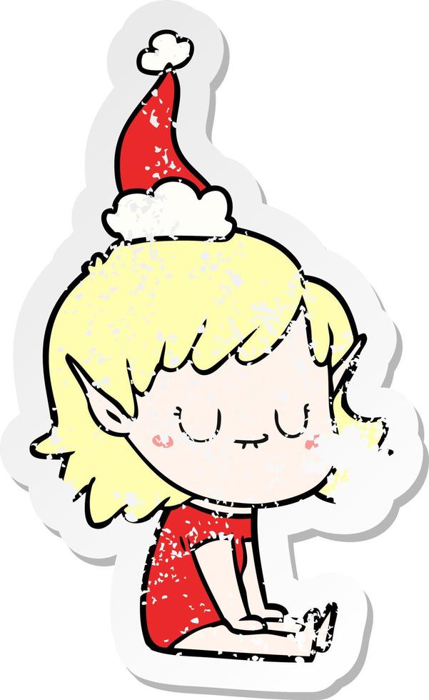 happy distressed sticker cartoon of a elf girl wearing santa hat vector