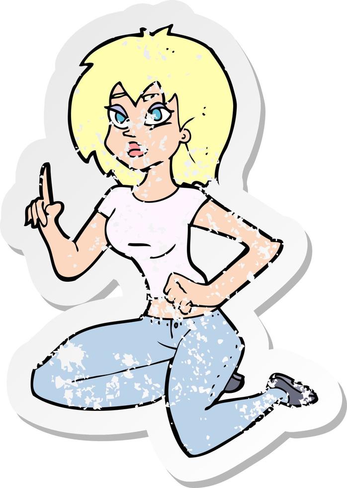 retro distressed sticker of a cartoon sitting woman with idea vector