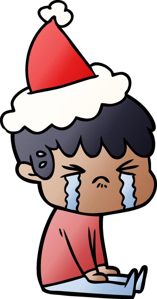 gradient cartoon of a boy crying wearing santa hat vector