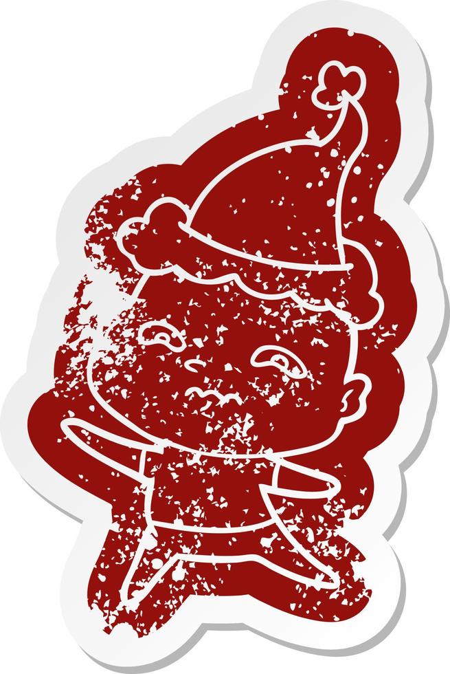 cartoon distressed sticker of a nervous man wearing santa hat vector