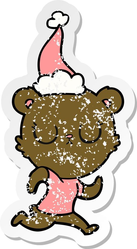 pegatina angustiada pacífica caricatura de un oso corriendo con sombrero de santa vector