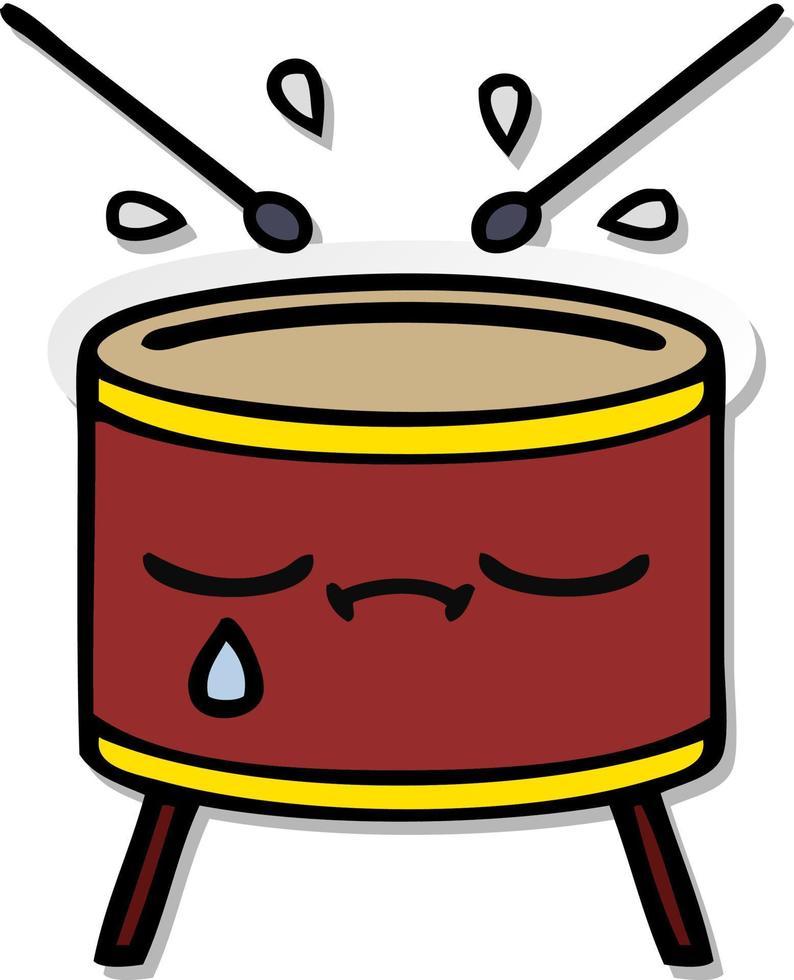 distressed sticker of a cute cartoon crying drum vector