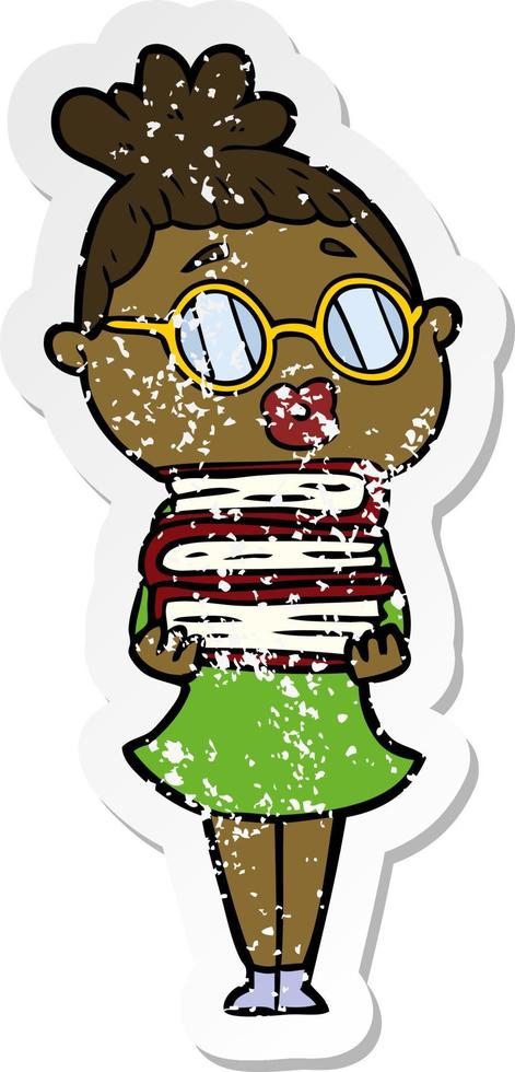 distressed sticker of a cartoon librarian woman wearing spectacles vector