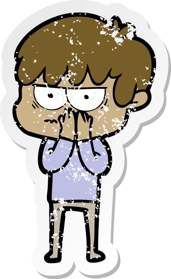 distressed sticker of a annoyed cartoon boy vector