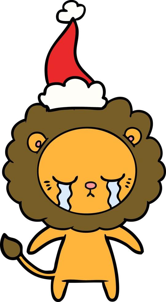 crying line drawing of a lion wearing santa hat vector