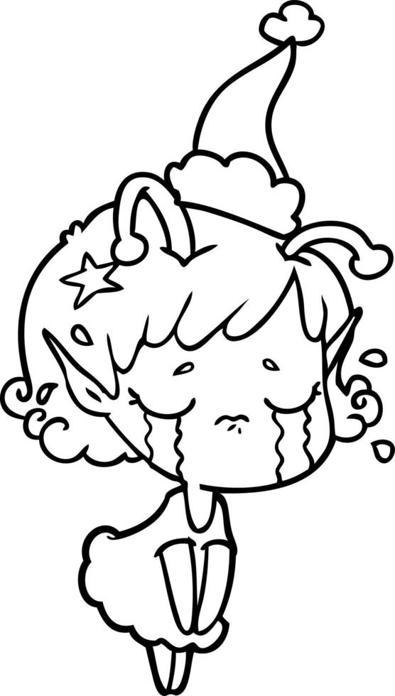 line drawing of a crying alien girl wearing santa hat vector