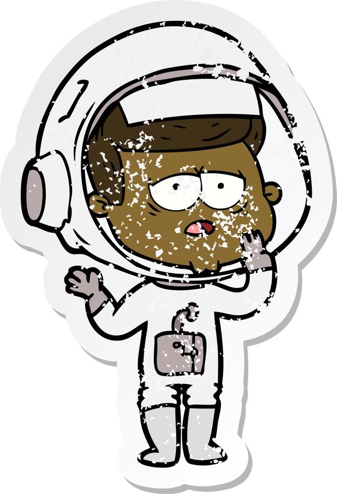 pegatina angustiada de un astronauta cansado de dibujos animados vector