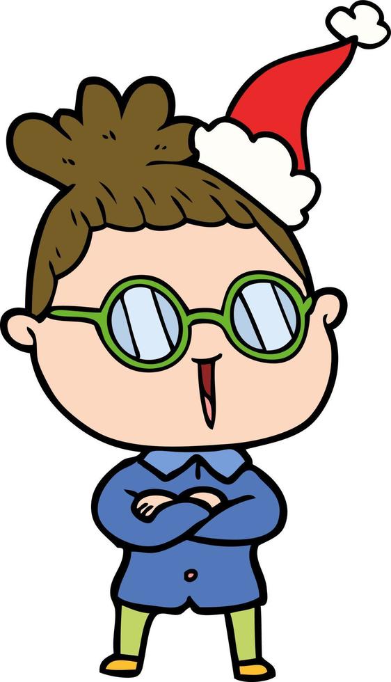 line drawing of a woman wearing spectacles wearing santa hat vector