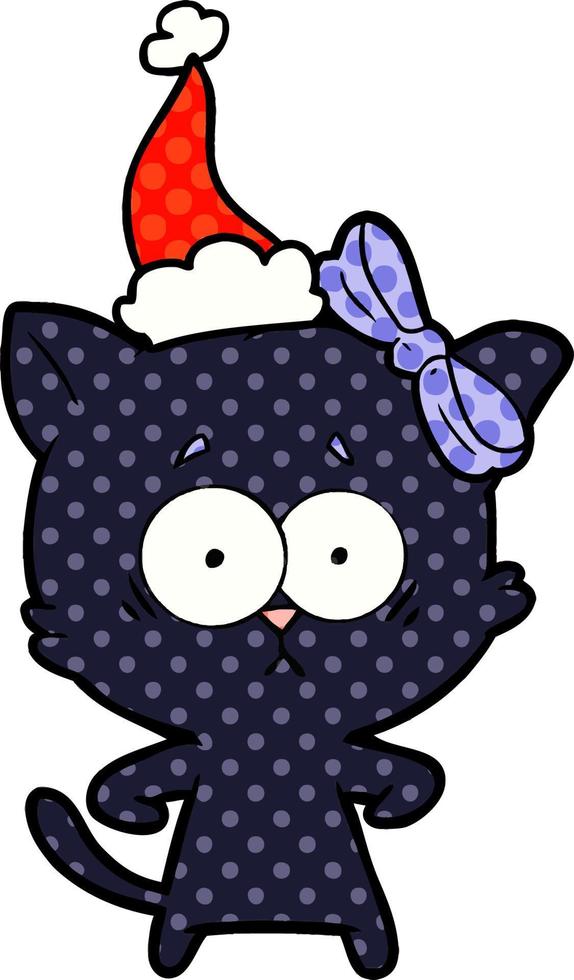 comic book style illustration of a cat wearing santa hat vector