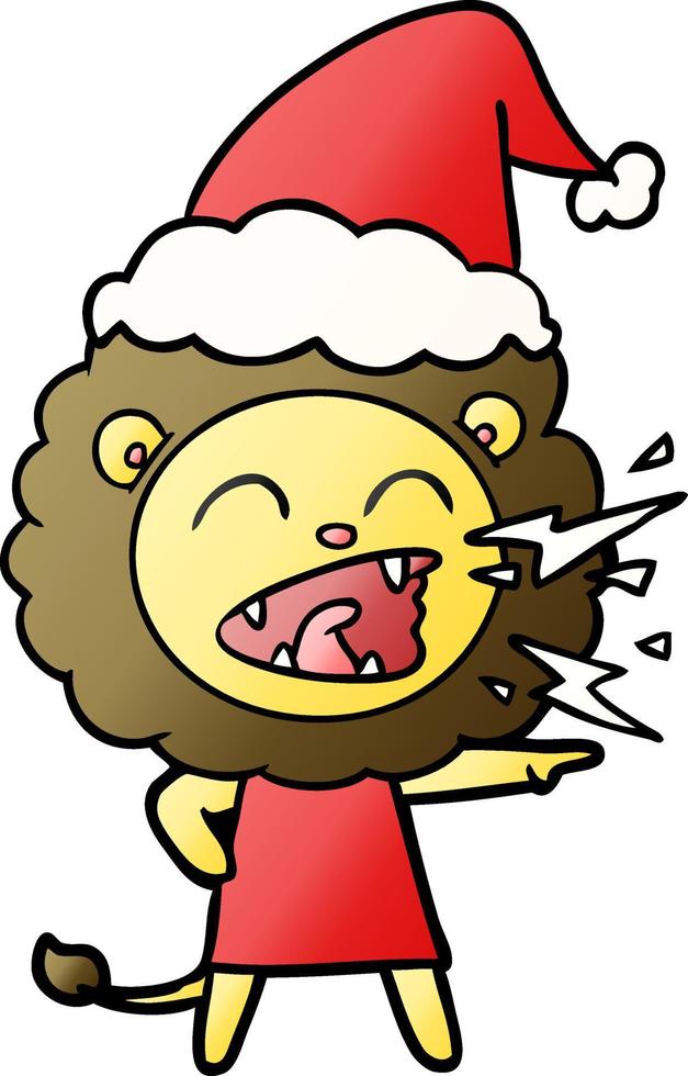 gradient cartoon of a roaring lion girl wearing santa hat vector