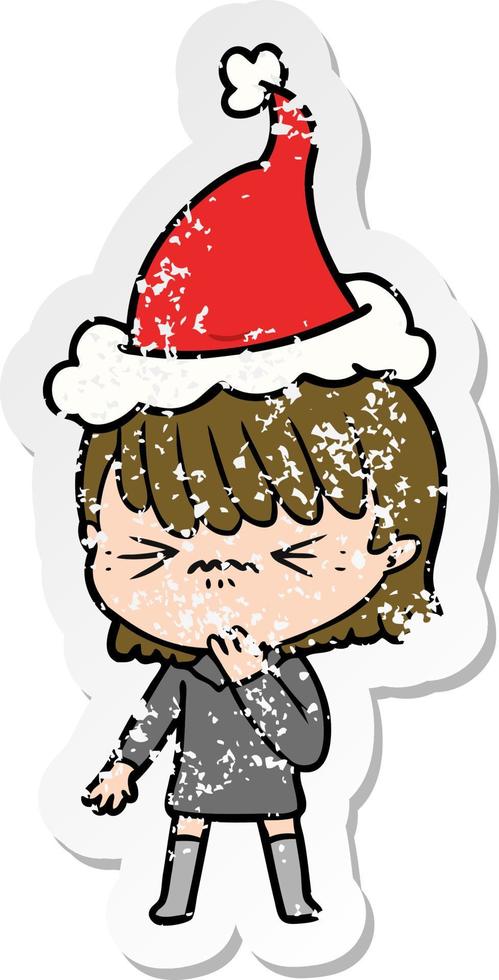 distressed sticker cartoon of a girl regretting a mistake wearing santa hat vector