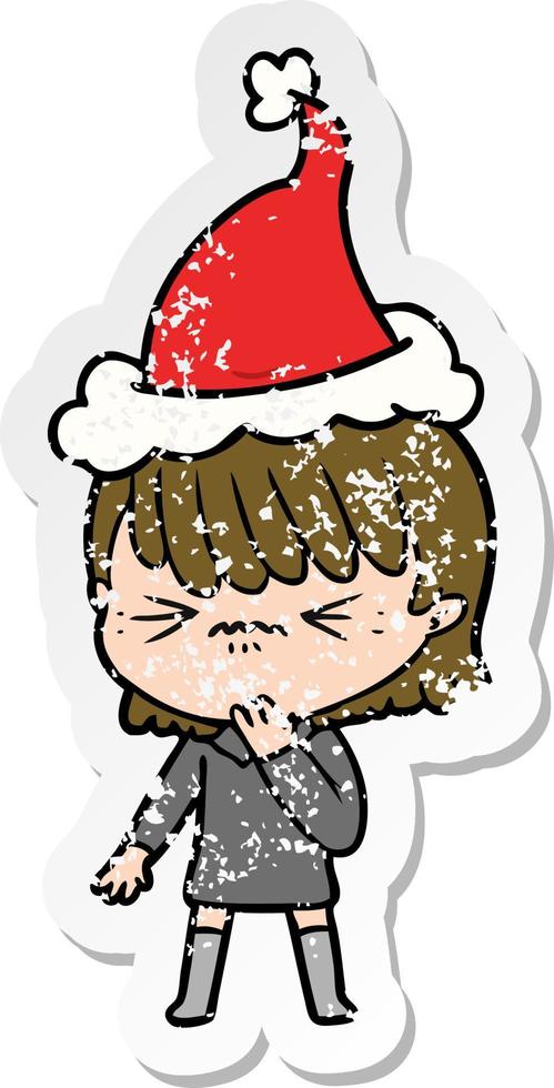 pegatina angustiada caricatura de una niña lamentando un error usando gorro de Papá Noel vector