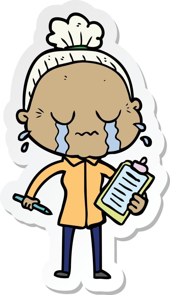 sticker of a cartoon crying old lady vector