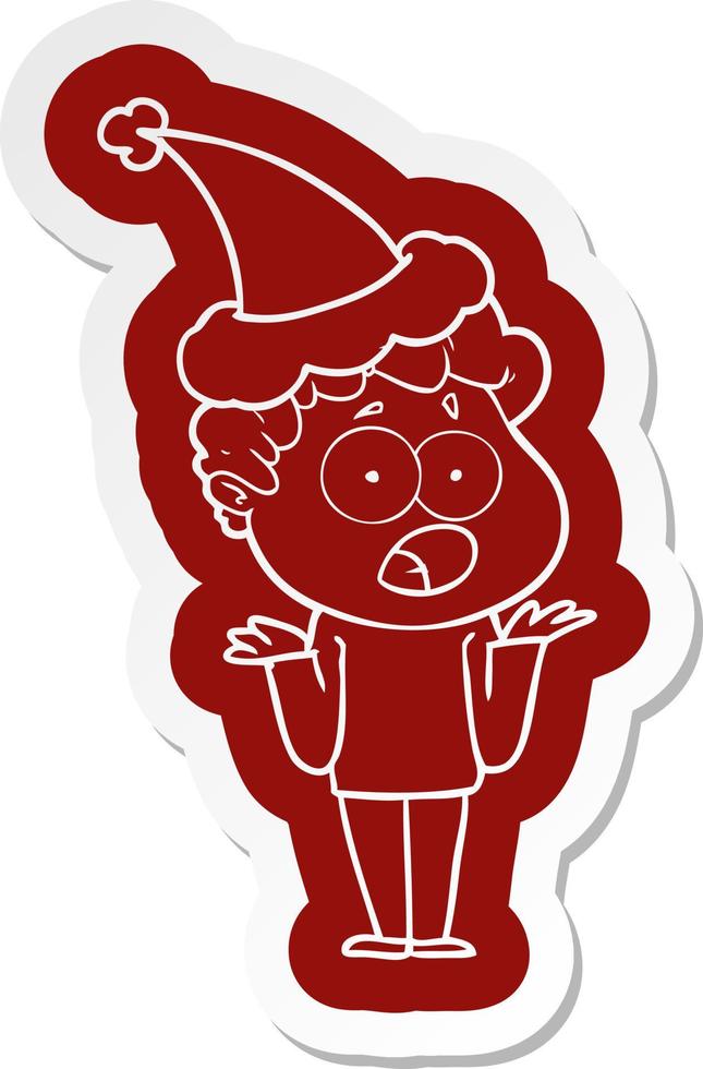 cartoon  sticker of a man gasping in surprise wearing santa hat vector