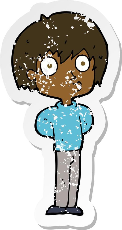 retro distressed sticker of a cartoon impressed boy vector