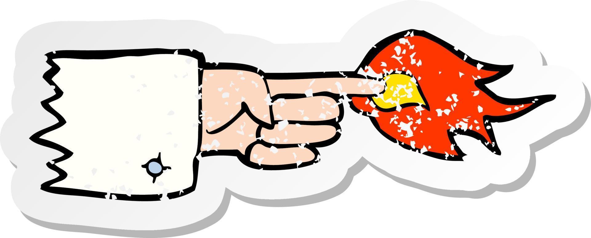 retro distressed sticker of a cartoon flaming pointing finger symbol vector