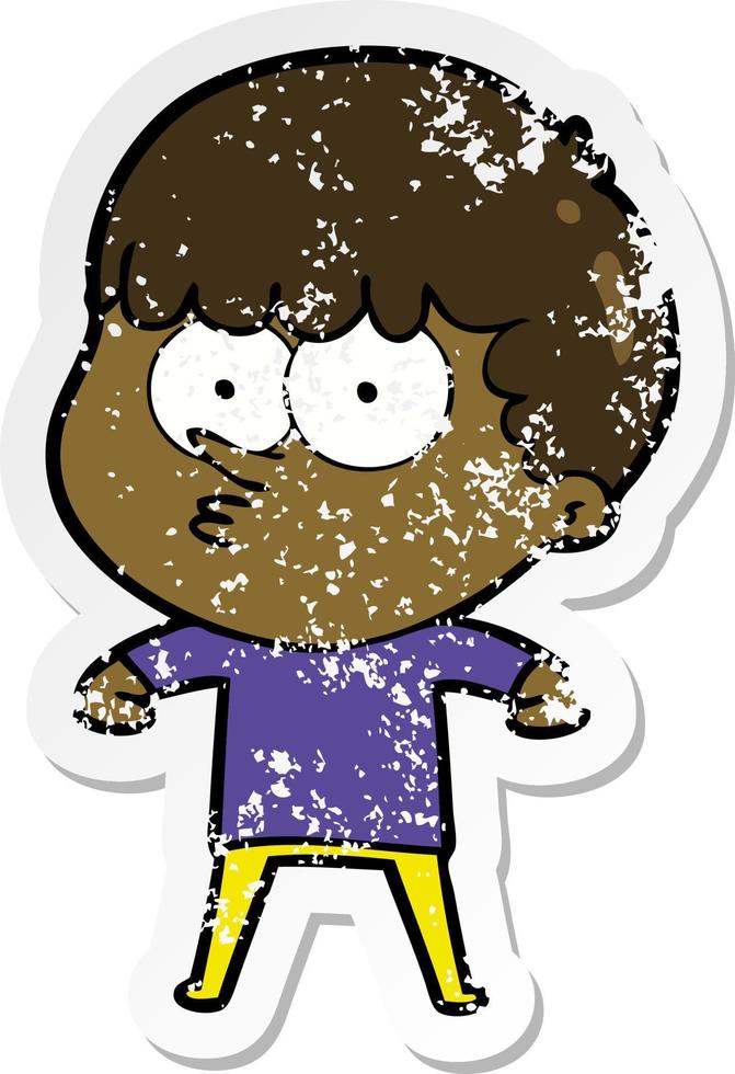 distressed sticker of a cartoon curious boy vector
