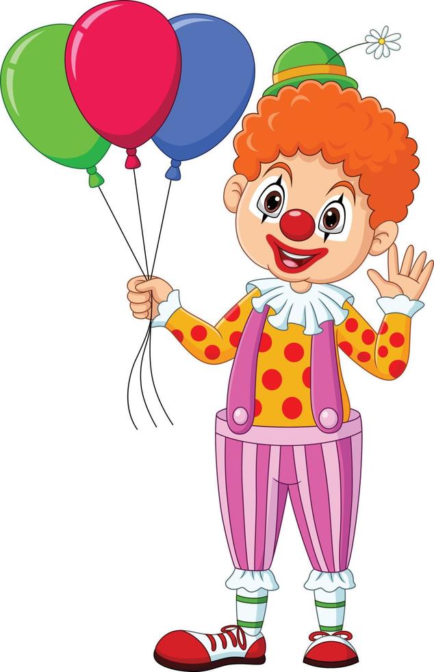 Cartoon happy clown holding colorful balloons vector