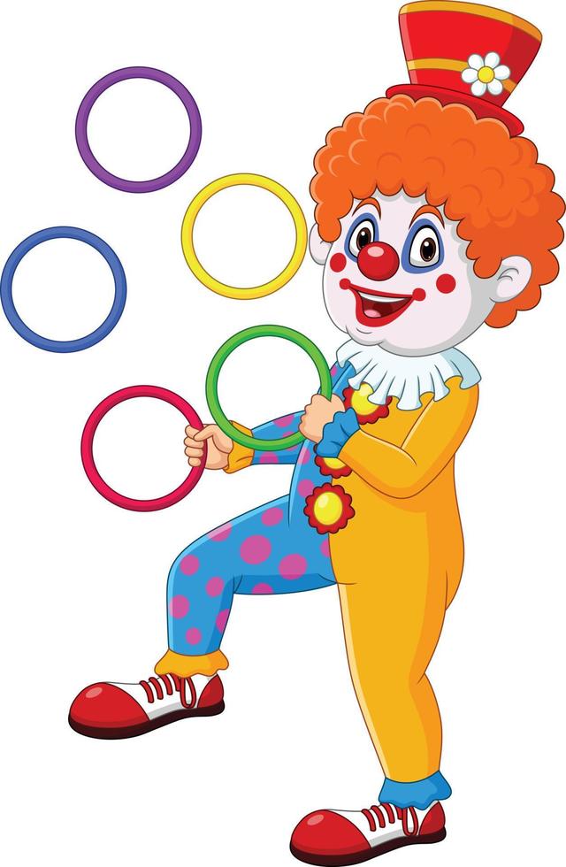 payaso de dibujos animados haciendo malabares con anillos de colores vector