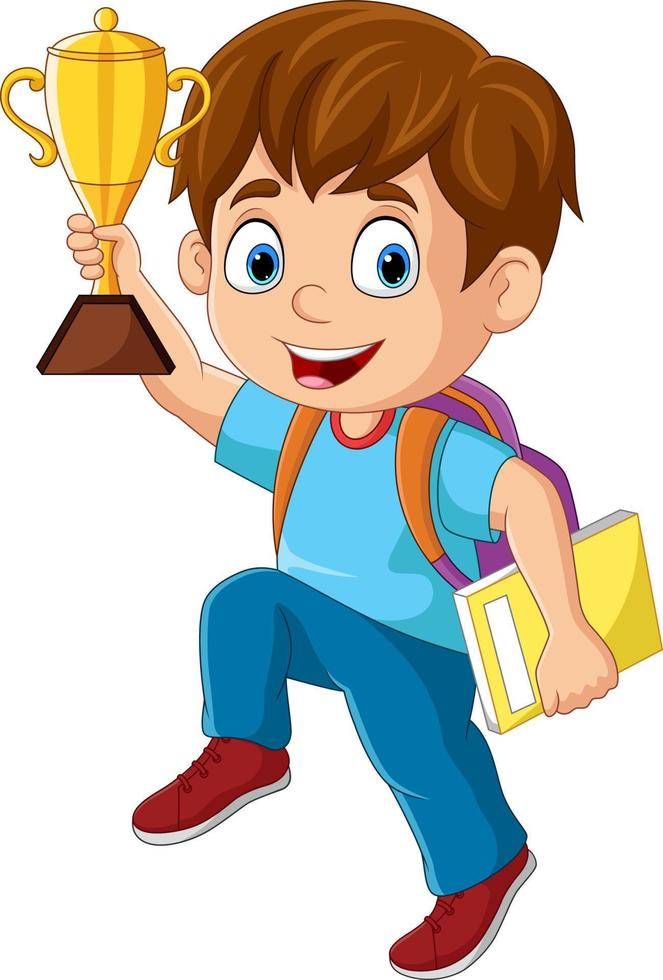 Cartoon little boy holding gold trophy vector