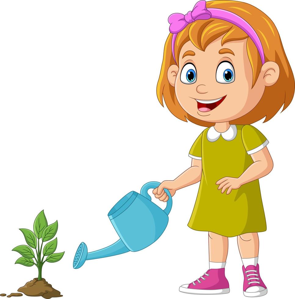 Cartoon cute little girl watering plants vector