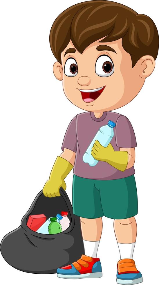 Cartoon boy collecting plastic garbage vector