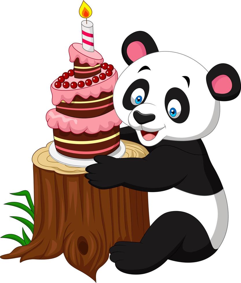 Cartoon funny panda with birthday cake vector