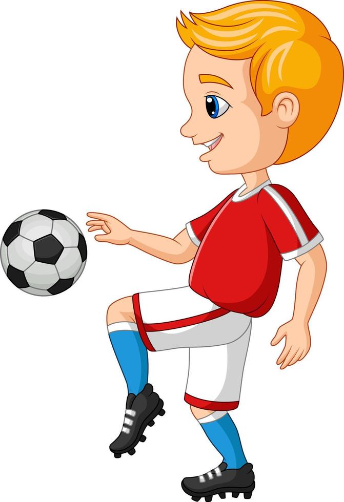 niño pequeño de dibujos animados jugando al fútbol sobre un fondo blanco vector