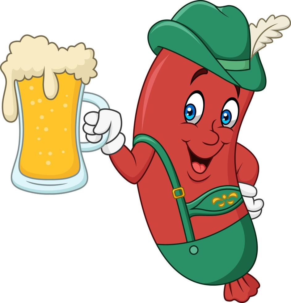 Cartoon sausage in traditional costume with beer vector