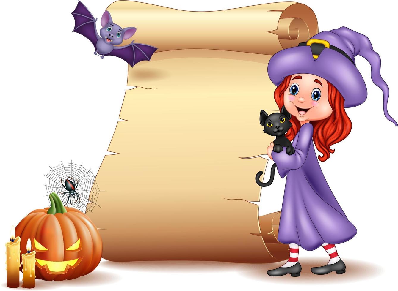 cartel de halloween con brujita, murciélago, araña, velas, calabaza y gato negro vector