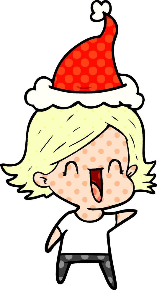 comic book style illustration of a happy woman wearing santa hat vector