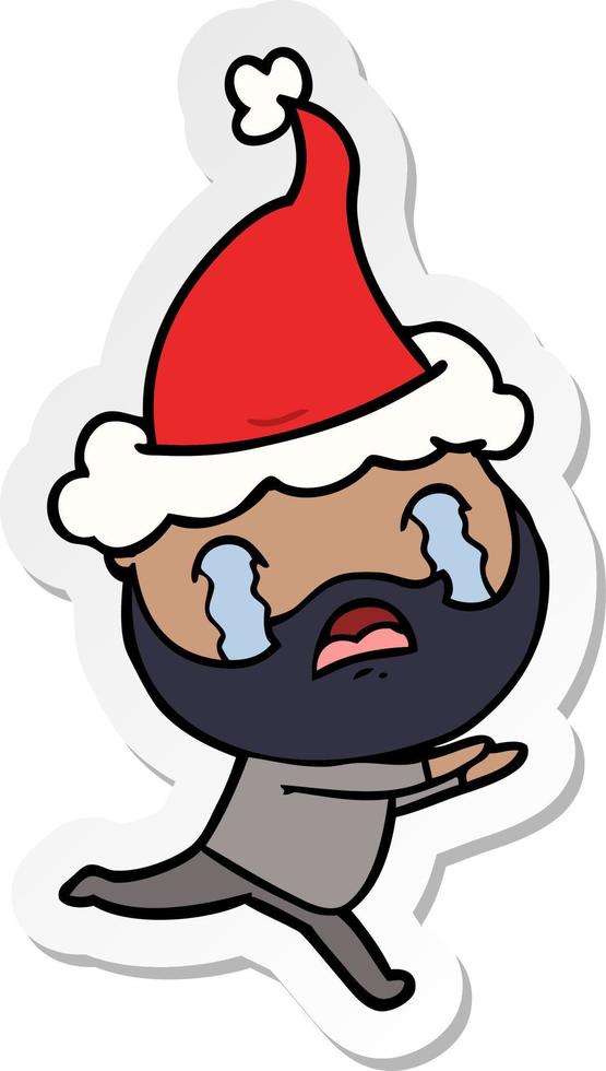 sticker cartoon of a bearded man crying wearing santa hat vector