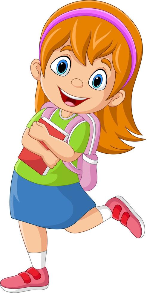Cartoon school girl with a book and backpack vector