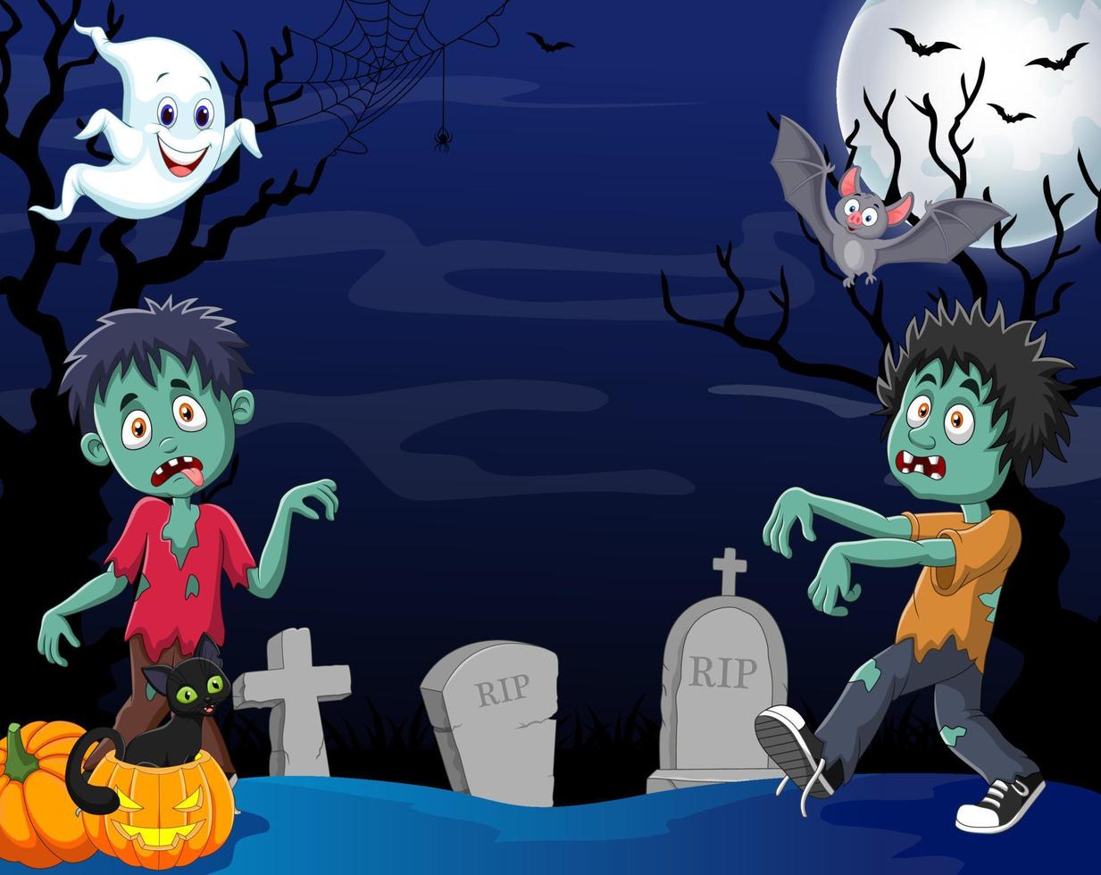 zombies de dibujos animados con fondo de halloween vector