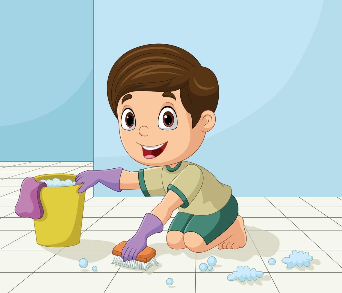 Cartoon little boy cleaning the floor vector