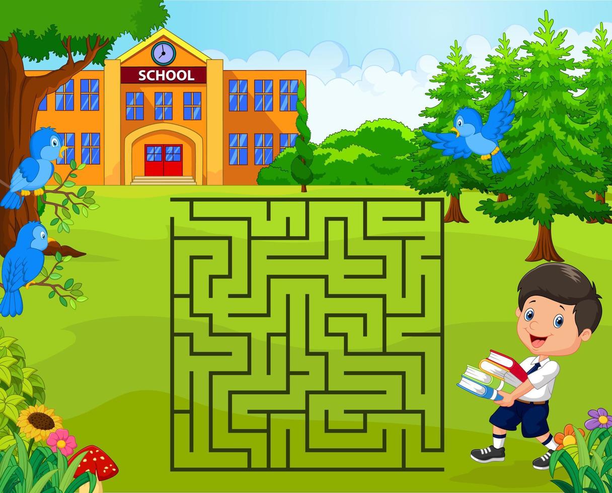 ayuda al niño a encontrar su escuela, juego de laberinto vector