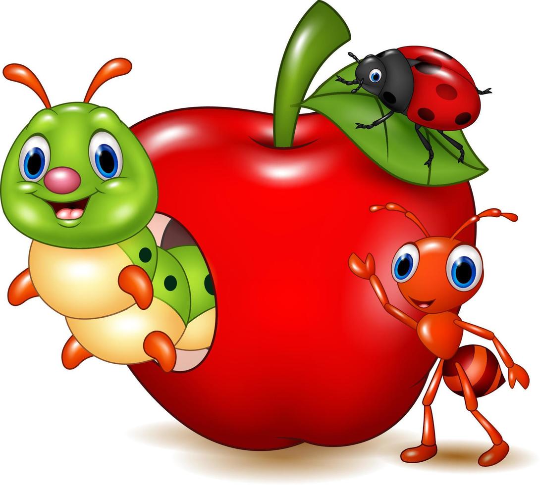 pequeños animales de dibujos animados con manzana roja vector